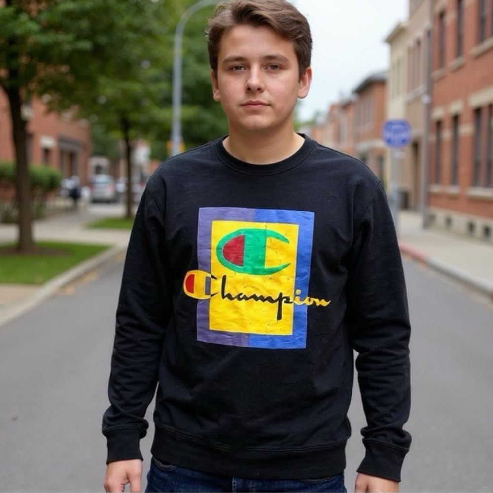 Champion Black Long Sleeve Shirt Colorful Logo Men’s Large
